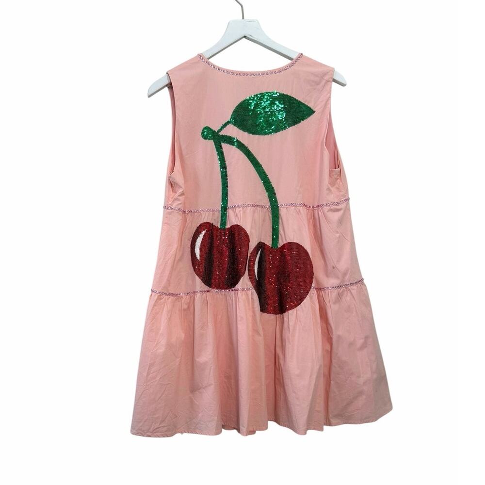 Queen of Sparkles Pink Sequin Cherry Sleeveless Tiered Mini Dress Size M
